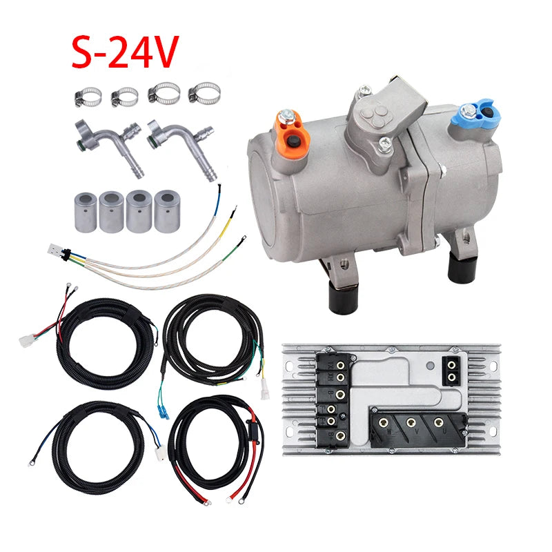A/C 12V 24V 48V Electric Compressor Set for Auto AC Air Conditioning Car Truck Bus Boat Tractor Shop Automobile Aircon