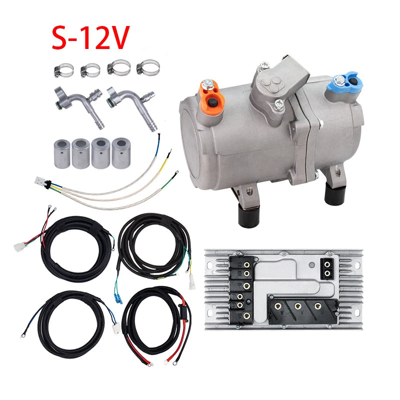 A/C 12V 24V 48V Electric Compressor Set for Auto AC Air Conditioning Car Truck Bus Boat Tractor Shop Automobile Aircon